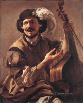  Dutch Oil Painting - A Laughing Bravo With A Bass Viol And A Glass Dutch painter Hendrick ter Brugghen